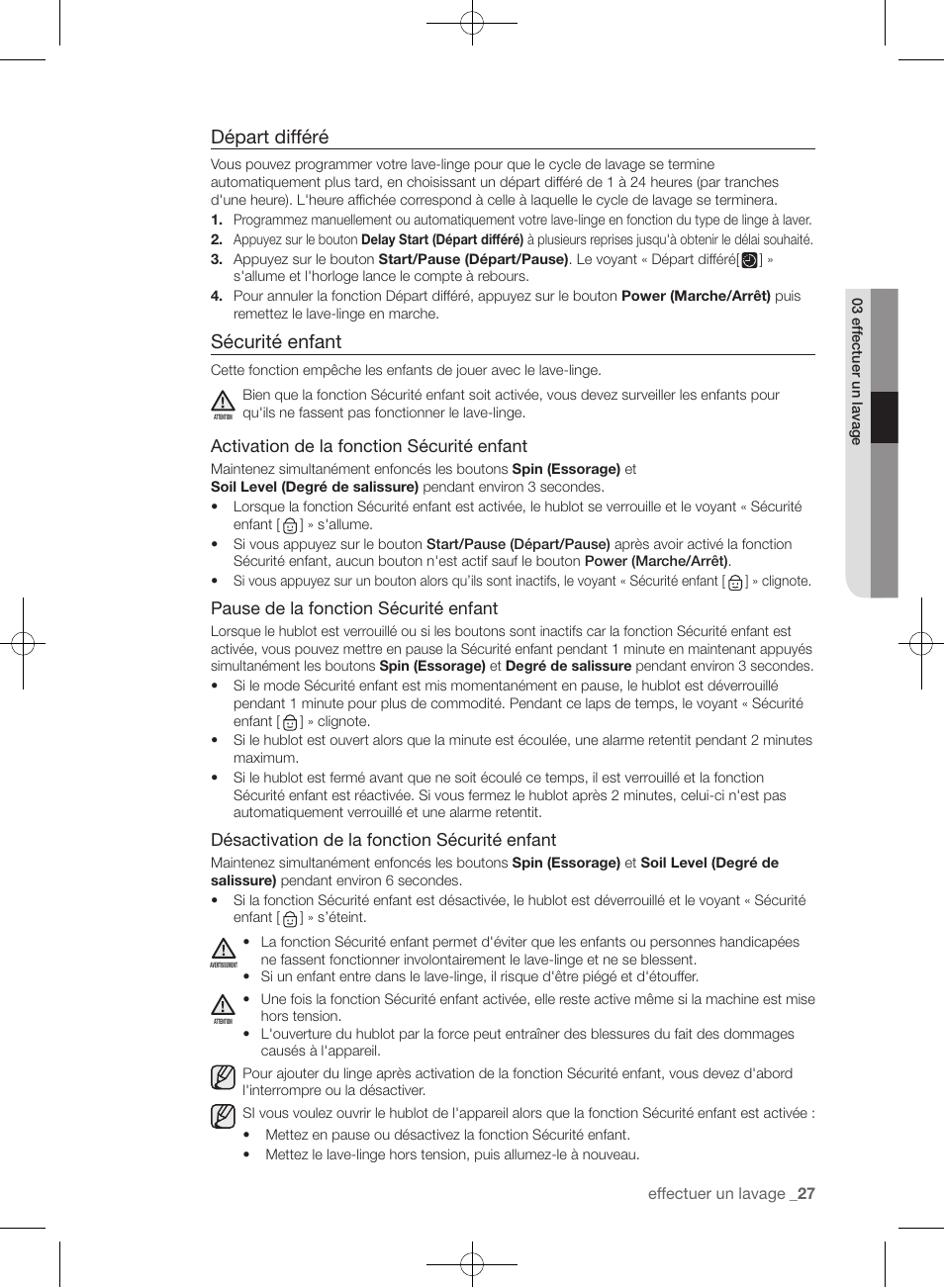 Départ différé, Sécurité enfant | Samsung WF455ARGSGR-AA User Manual | Page 119 / 276