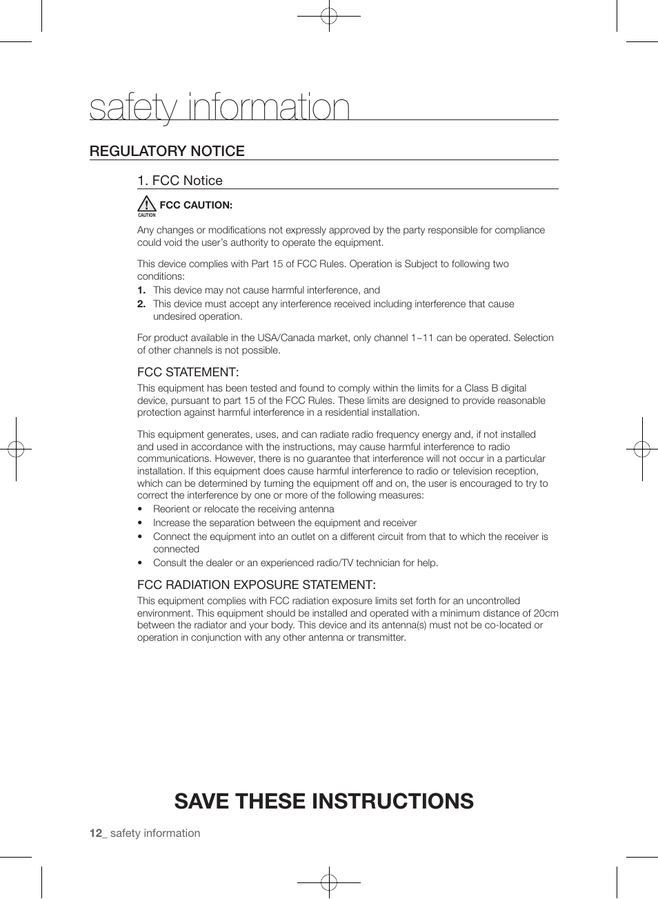 Safety information, Save these instructions, Regulatory notice | Samsung WF455ARGSGR-AA User Manual | Page 12 / 276