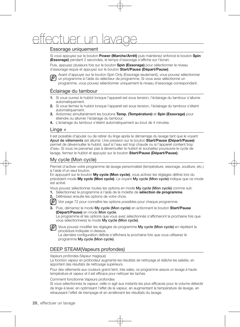 Effectuer un lavage, Essorage uniquement, Éclairage du tambour | Linge, My cycle (mon cycle), Deep steam(vapeurs profondes) | Samsung WF455ARGSGR-AA User Manual | Page 120 / 276