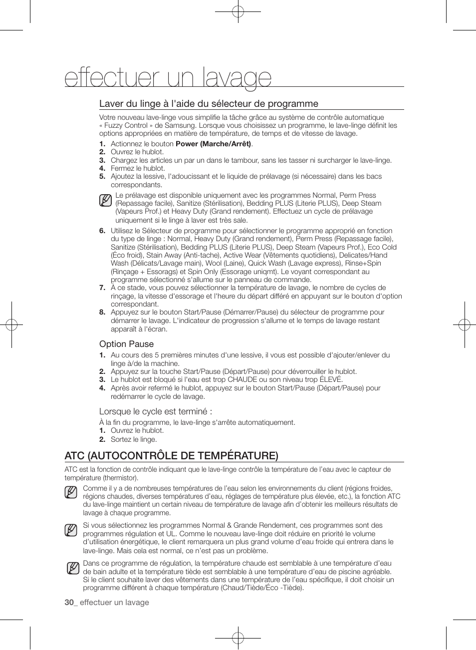 Effectuer un lavage, Atc (autocontrôle de température), Laver du linge à l'aide du sélecteur de programme | Samsung WF455ARGSGR-AA User Manual | Page 122 / 276