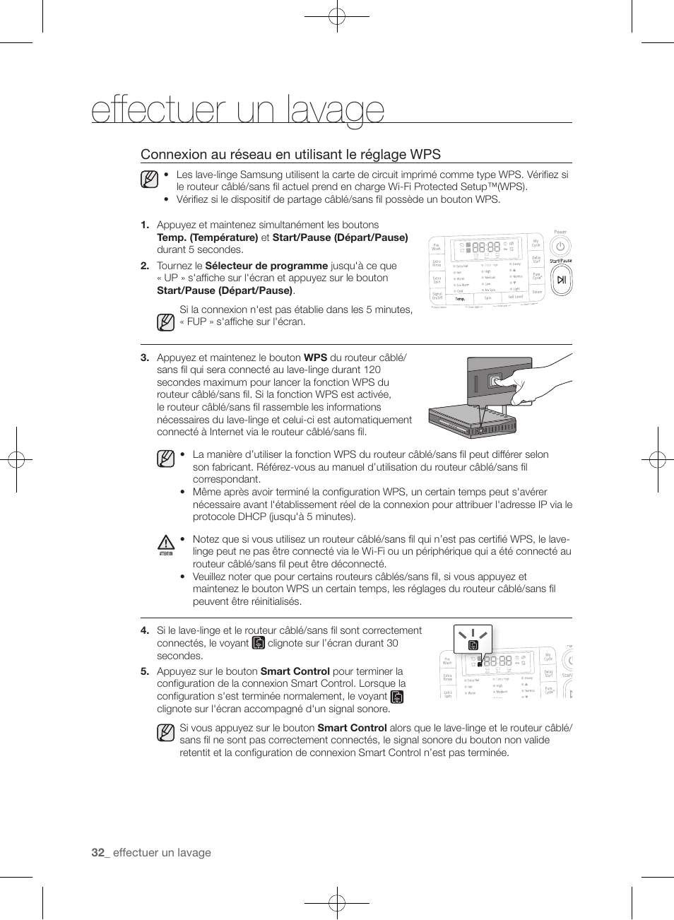 Effectuer un lavage, Connexion au réseau en utilisant le réglage wps | Samsung WF455ARGSGR-AA User Manual | Page 124 / 276