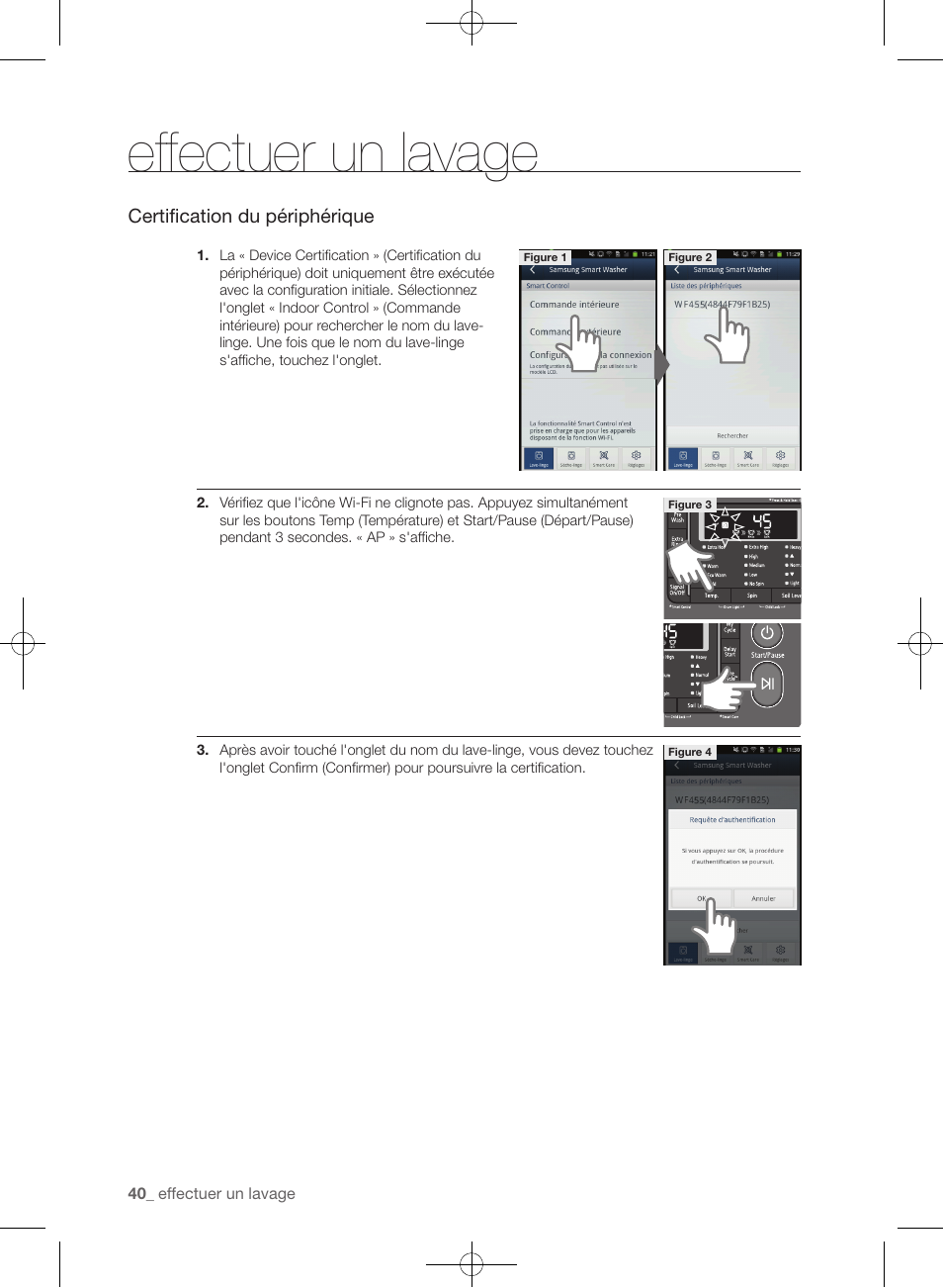 Effectuer un lavage, Certification du périphérique | Samsung WF455ARGSGR-AA User Manual | Page 132 / 276