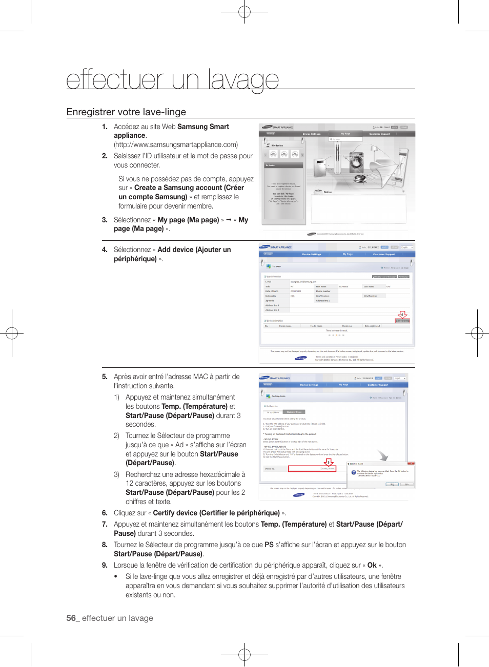 Effectuer un lavage, Enregistrer votre lave-linge | Samsung WF455ARGSGR-AA User Manual | Page 148 / 276