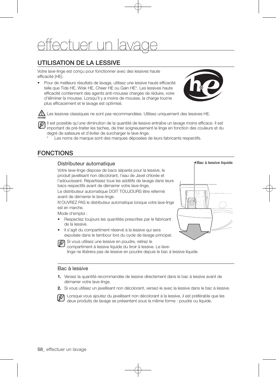 Effectuer un lavage, Utilisation de la lessive, Fonctions | Samsung WF455ARGSGR-AA User Manual | Page 150 / 276