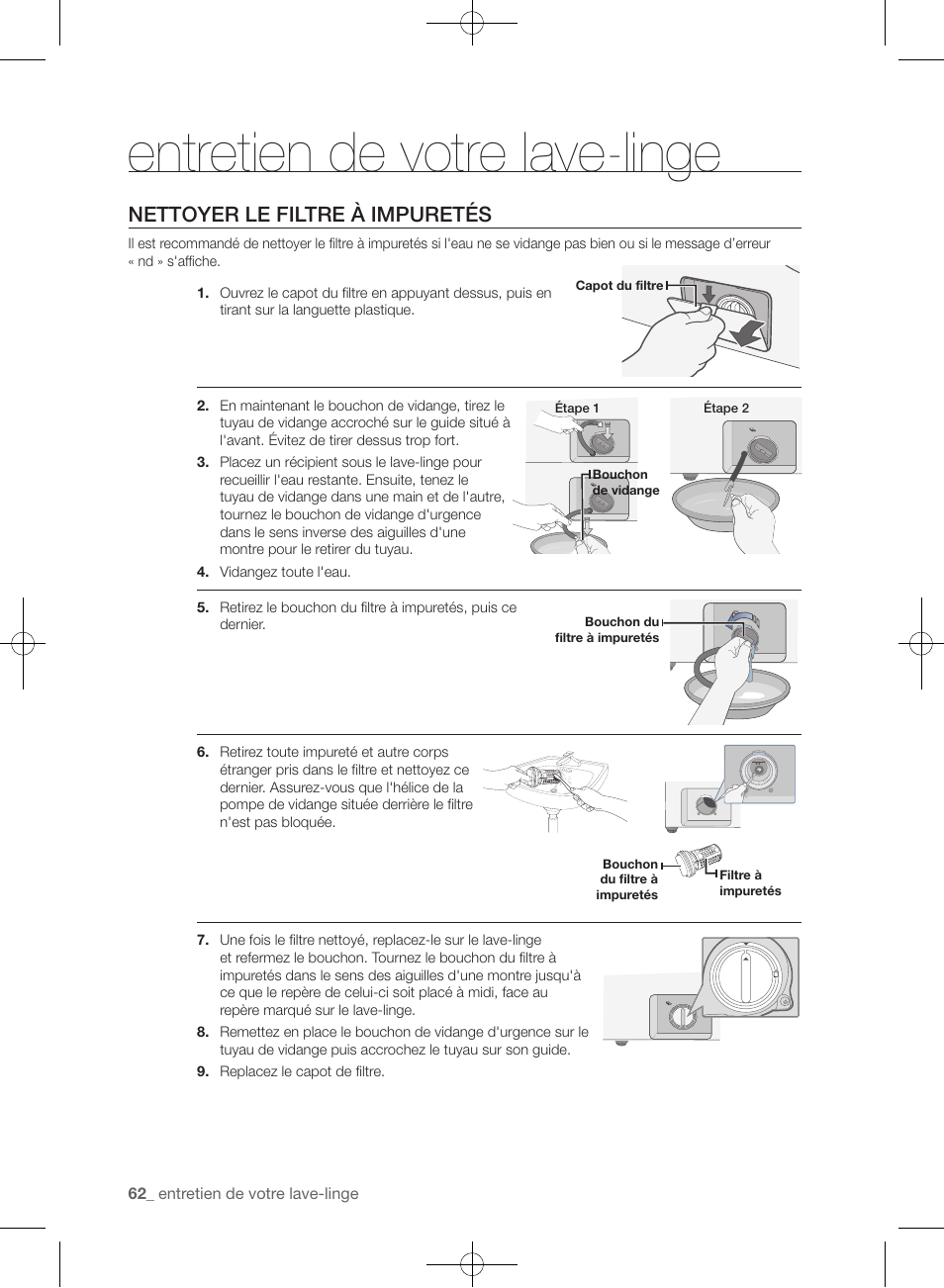 Entretien de votre lave-linge, Nettoyer le filtre à impuretés | Samsung WF455ARGSGR-AA User Manual | Page 154 / 276
