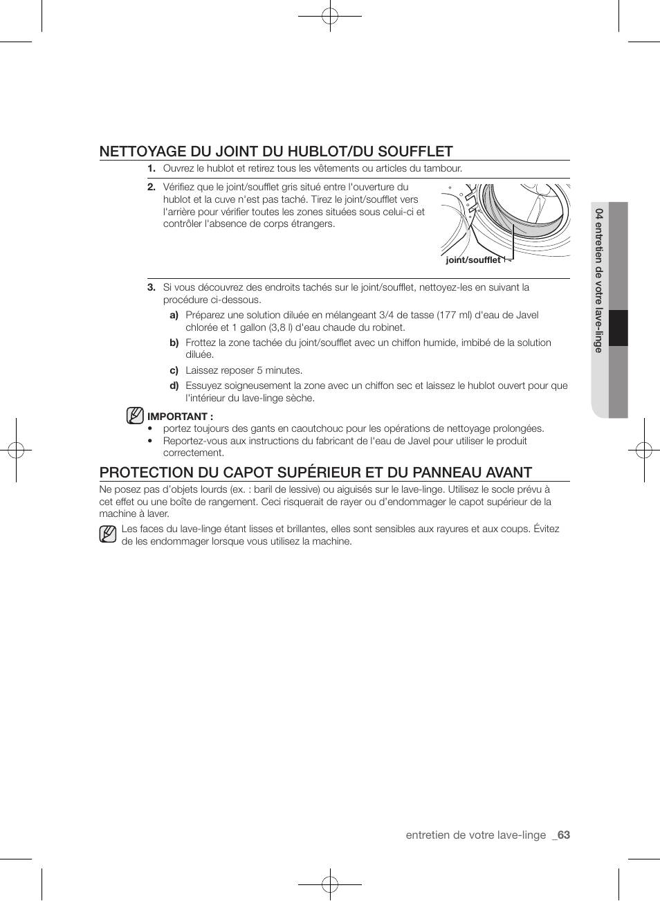 Nettoyage du joint du hublot/du soufflet, Protection du capot supérieur et du panneau avant | Samsung WF455ARGSGR-AA User Manual | Page 155 / 276