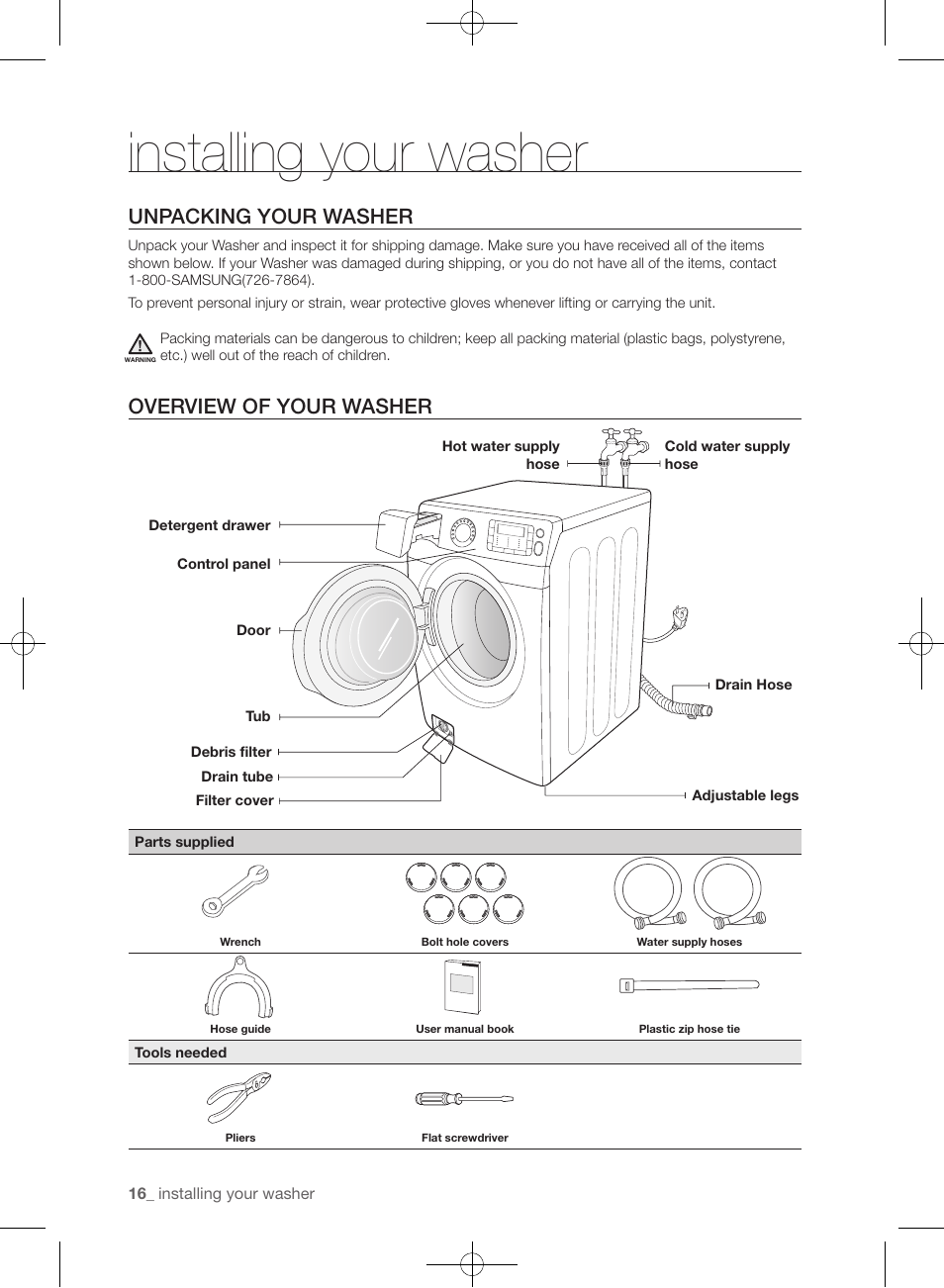 Installing your washer, Unpacking your washer, Overview of your washer | Samsung WF455ARGSGR-AA User Manual | Page 16 / 276