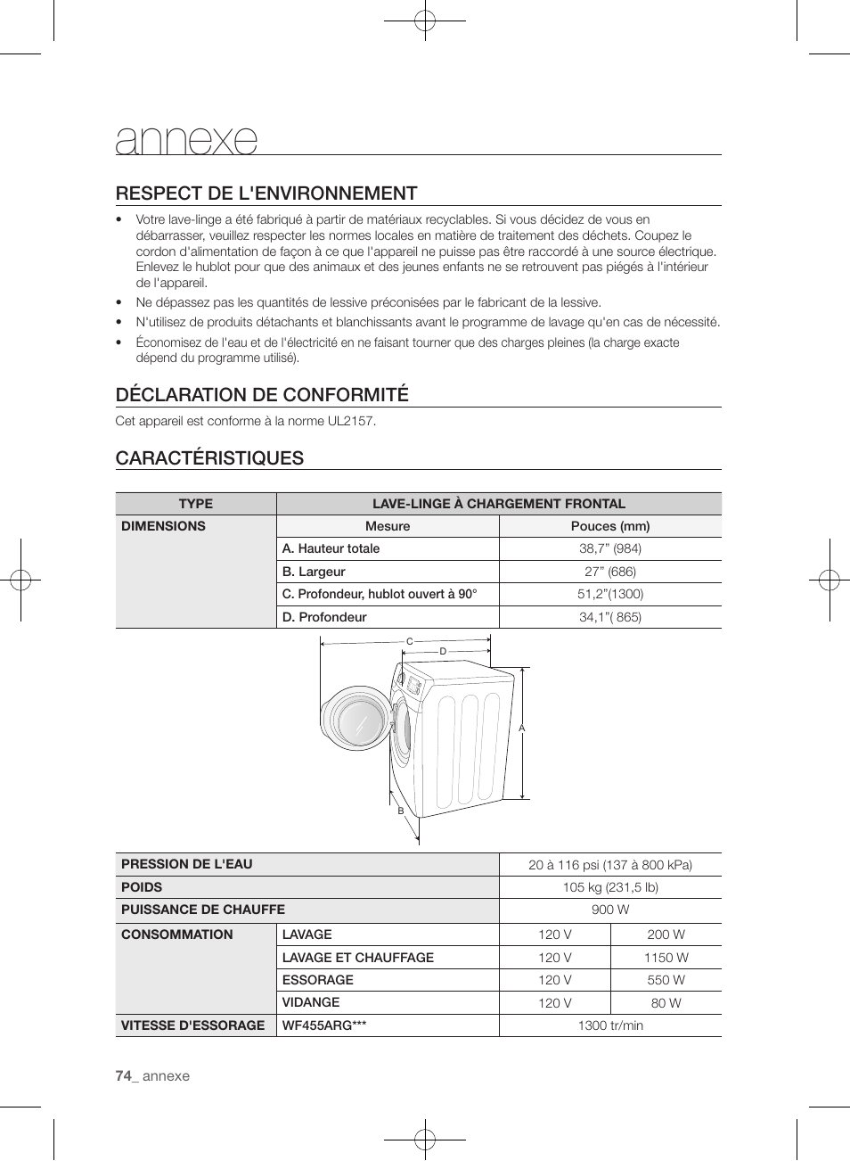 Annexe, Respect de l'environnement, Déclaration de conformité | Caractéristiques | Samsung WF455ARGSGR-AA User Manual | Page 166 / 276