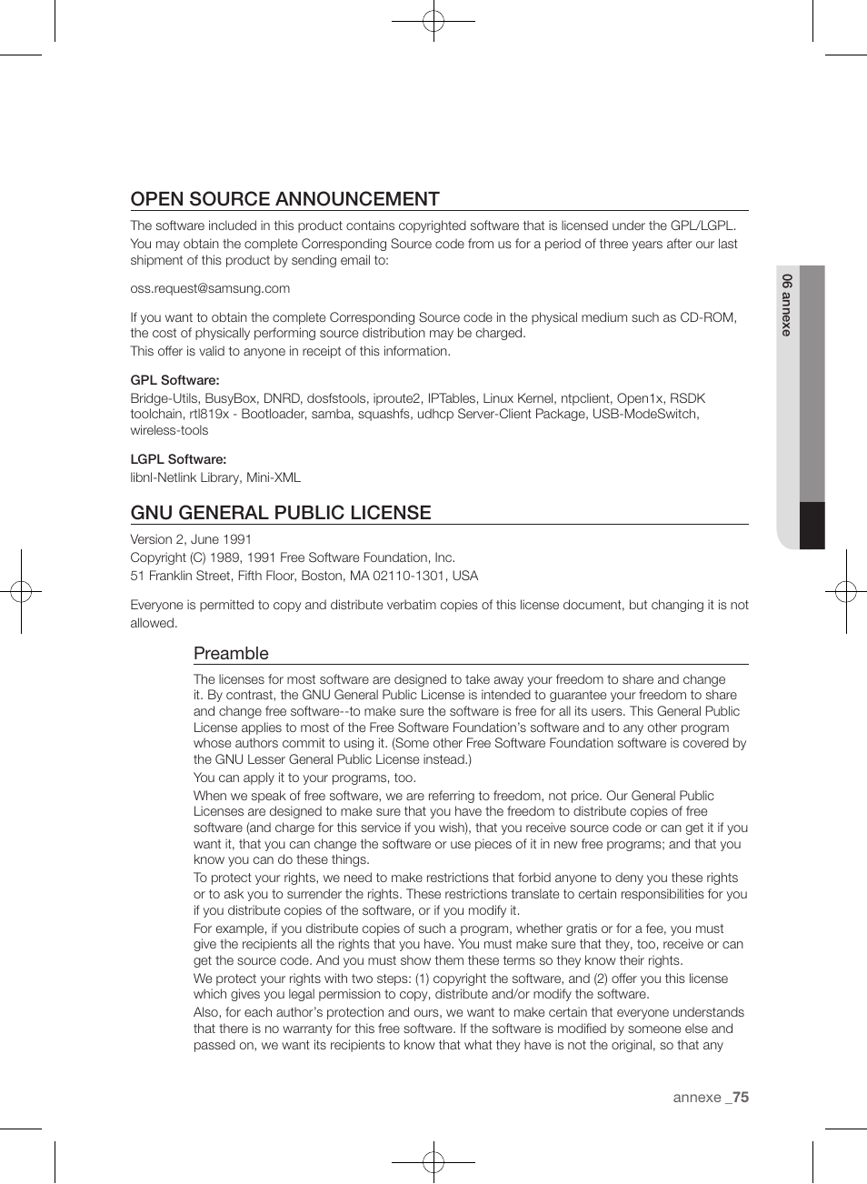 Open source announcement, Gnu general public license, Preamble | Samsung WF455ARGSGR-AA User Manual | Page 167 / 276