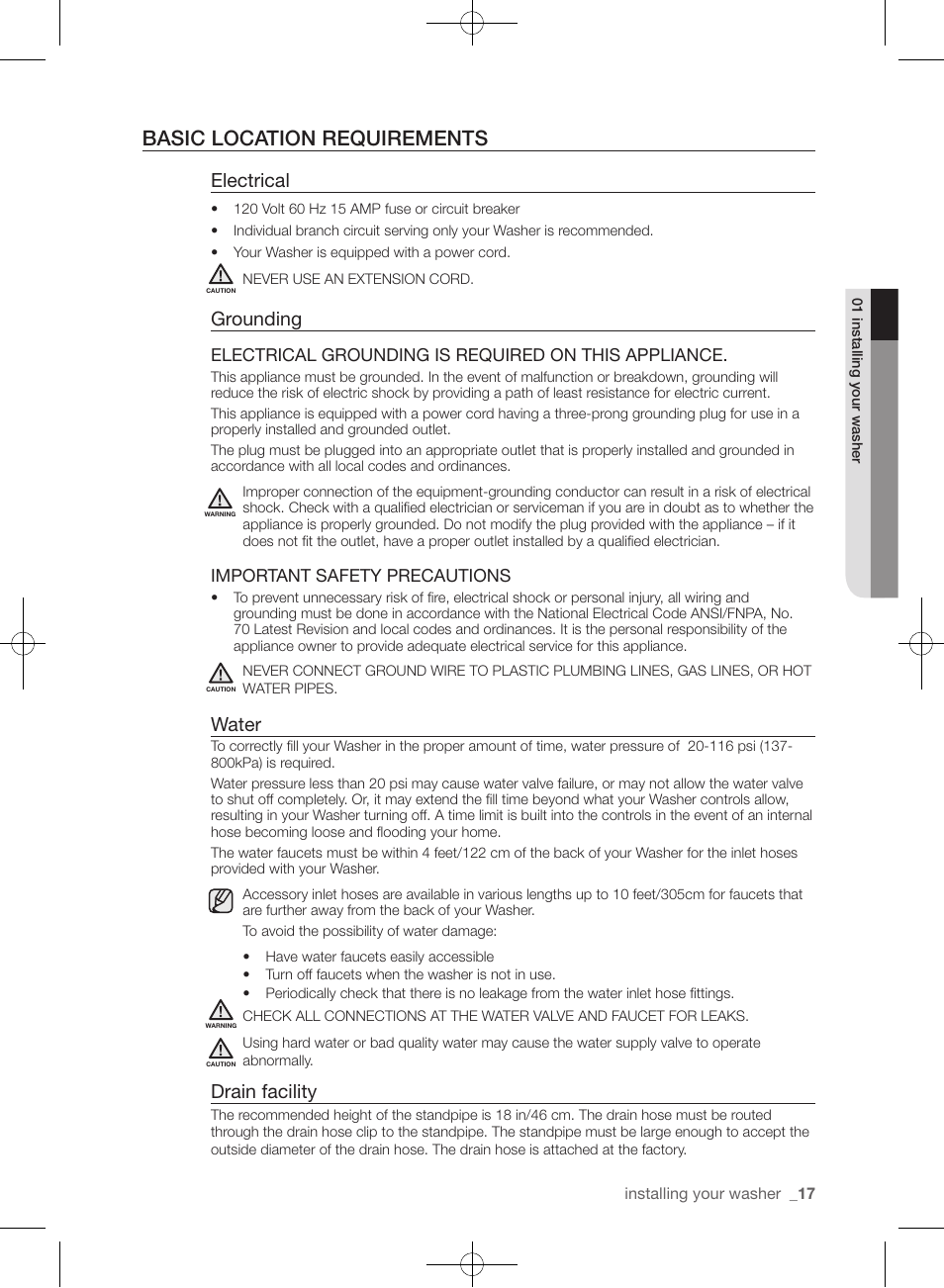Basic location requirements, Electrical, Grounding | Water, Drain facility | Samsung WF455ARGSGR-AA User Manual | Page 17 / 276