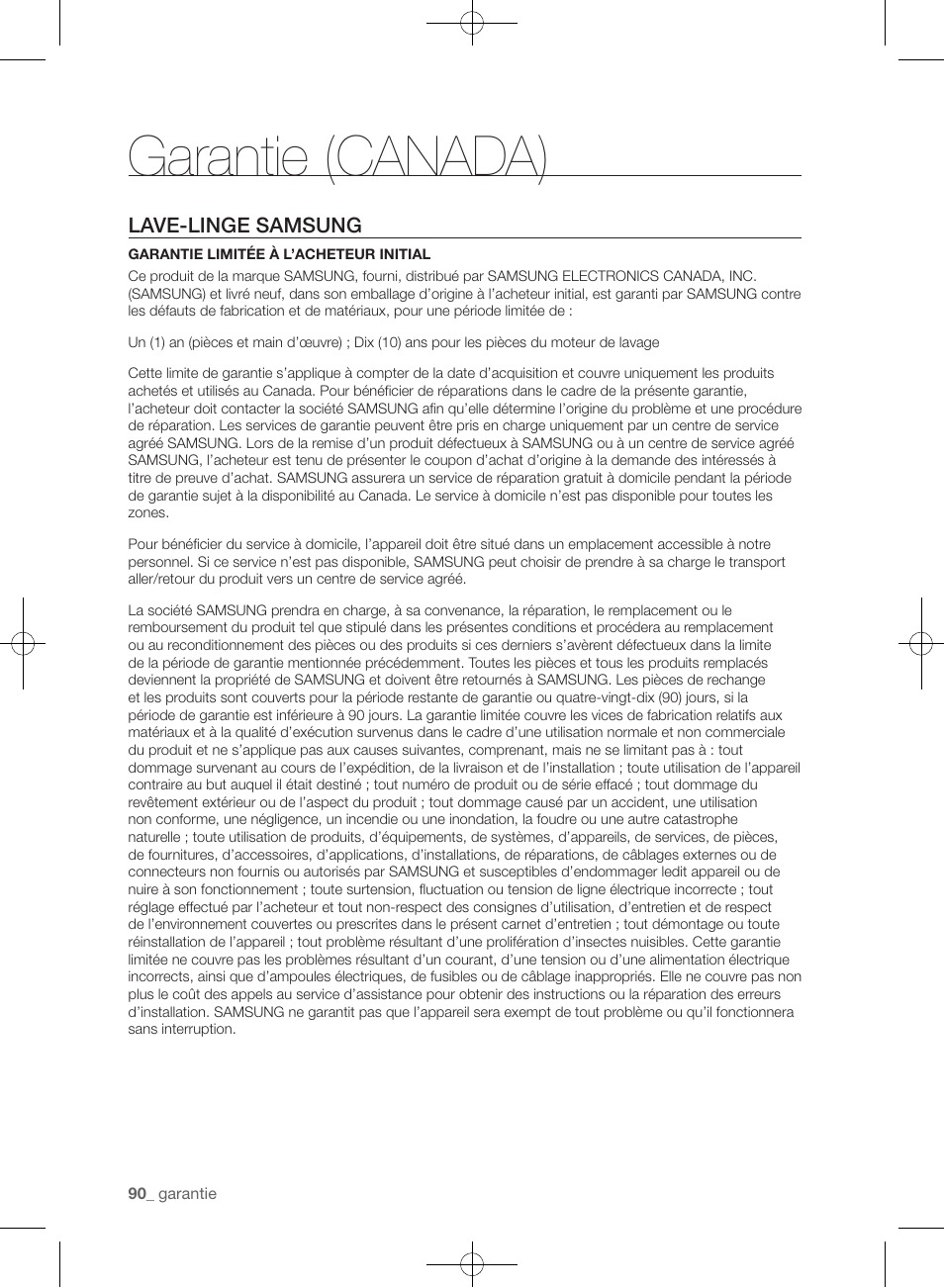 Garantie (canada), Lave-linge samsung | Samsung WF455ARGSGR-AA User Manual | Page 182 / 276