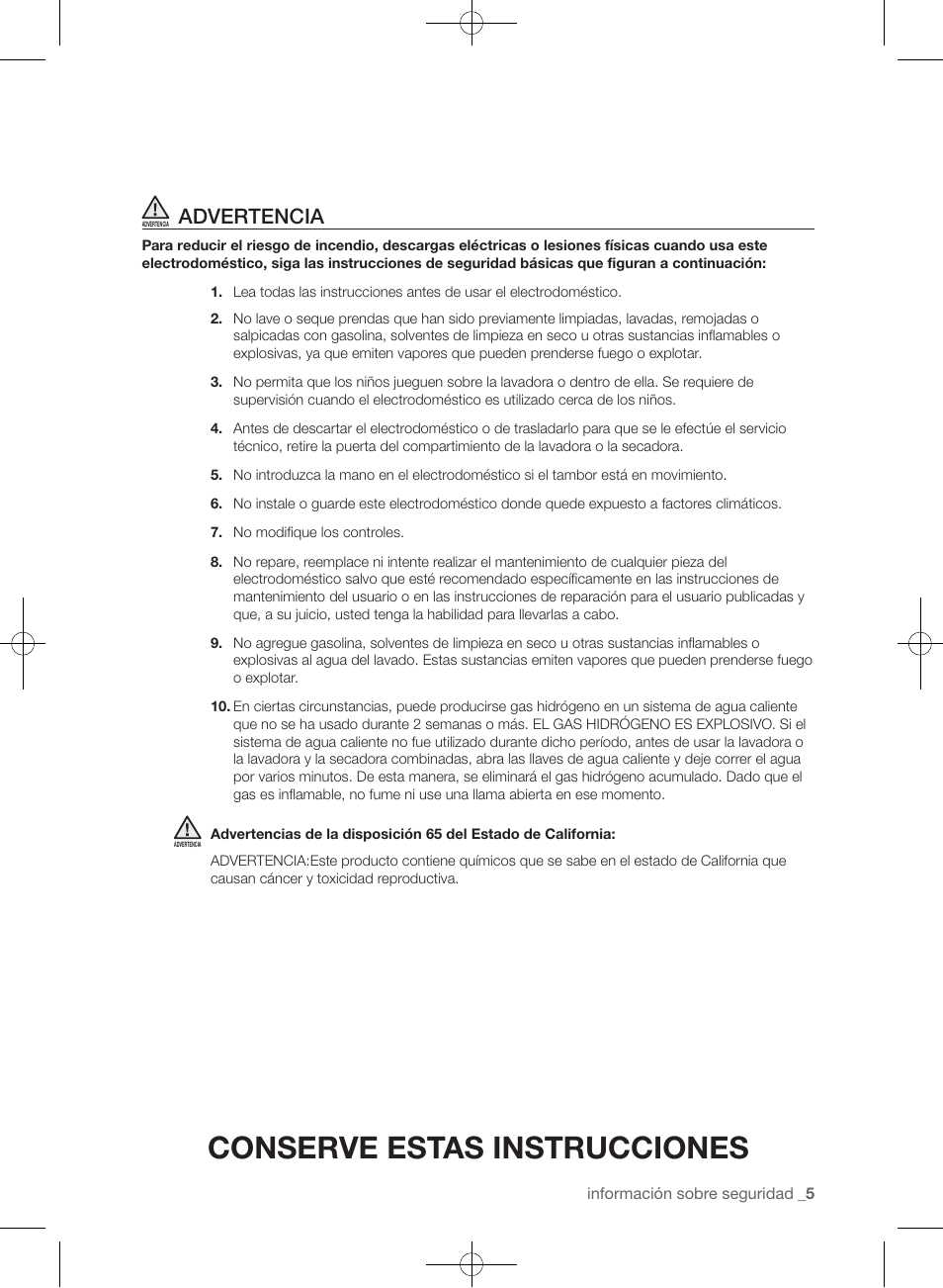 Conserve estas instrucciones, Advertencia | Samsung WF455ARGSGR-AA User Manual | Page 189 / 276