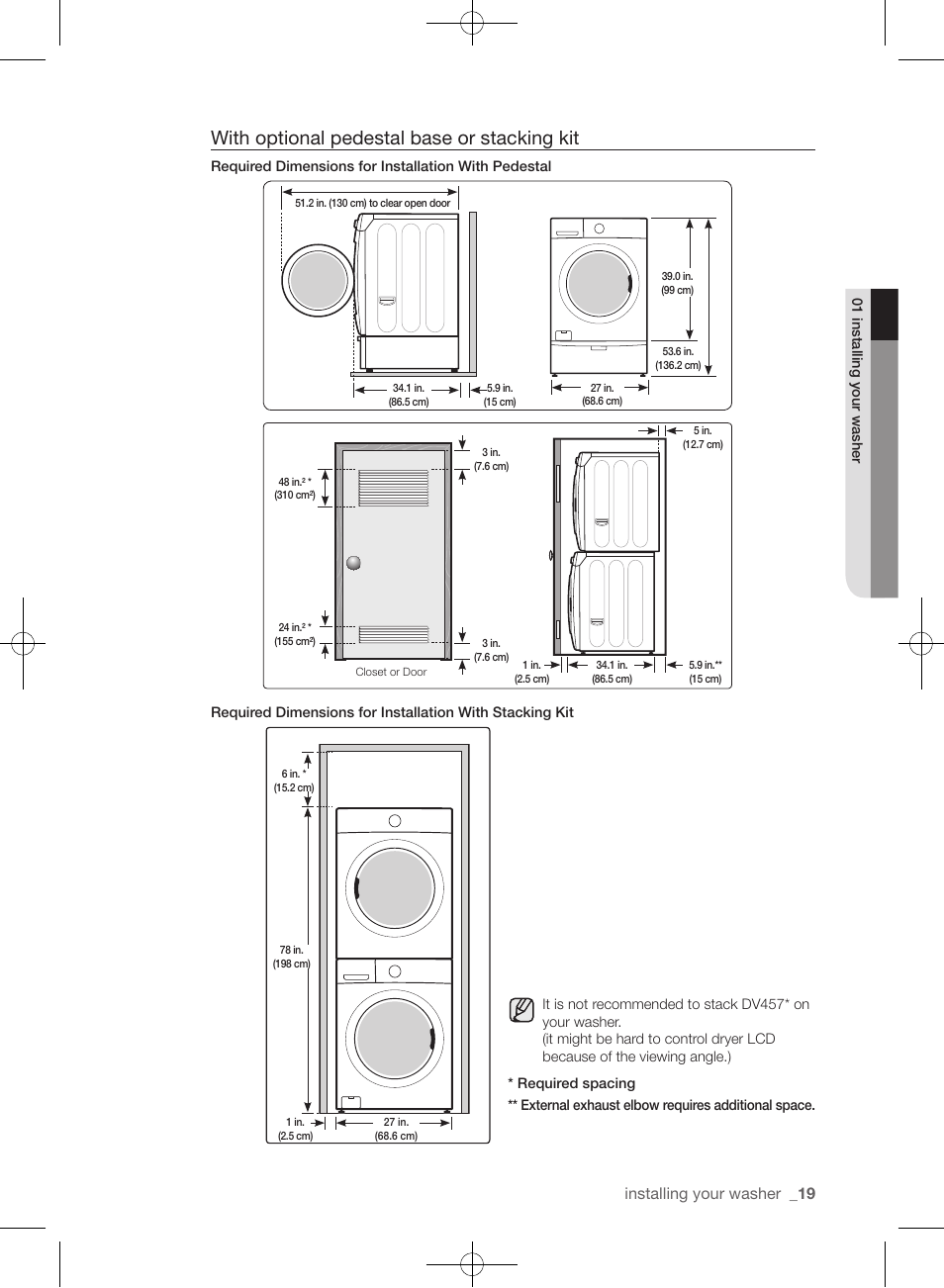 With optional pedestal base or stacking kit, Installing your washer | Samsung WF455ARGSGR-AA User Manual | Page 19 / 276