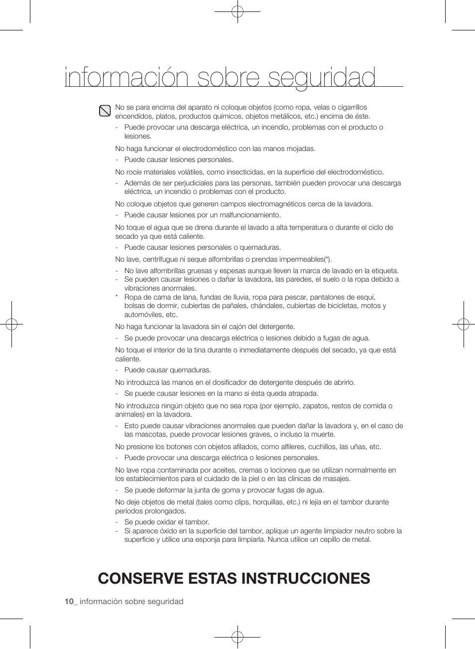 Información sobre seguridad, Conserve estas instrucciones | Samsung WF455ARGSGR-AA User Manual | Page 194 / 276
