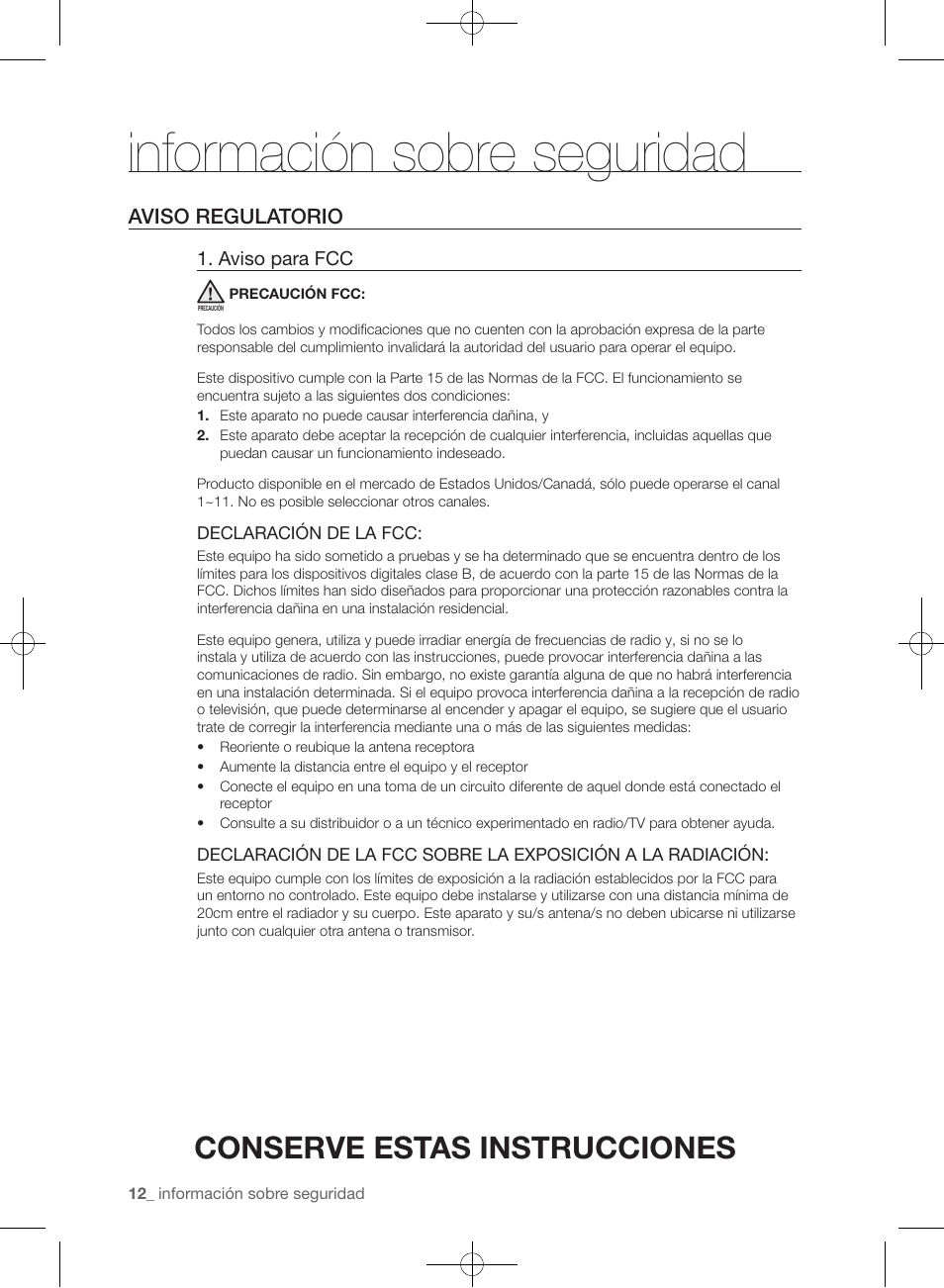 Información sobre seguridad, Conserve estas instrucciones, Aviso regulatorio | Samsung WF455ARGSGR-AA User Manual | Page 196 / 276