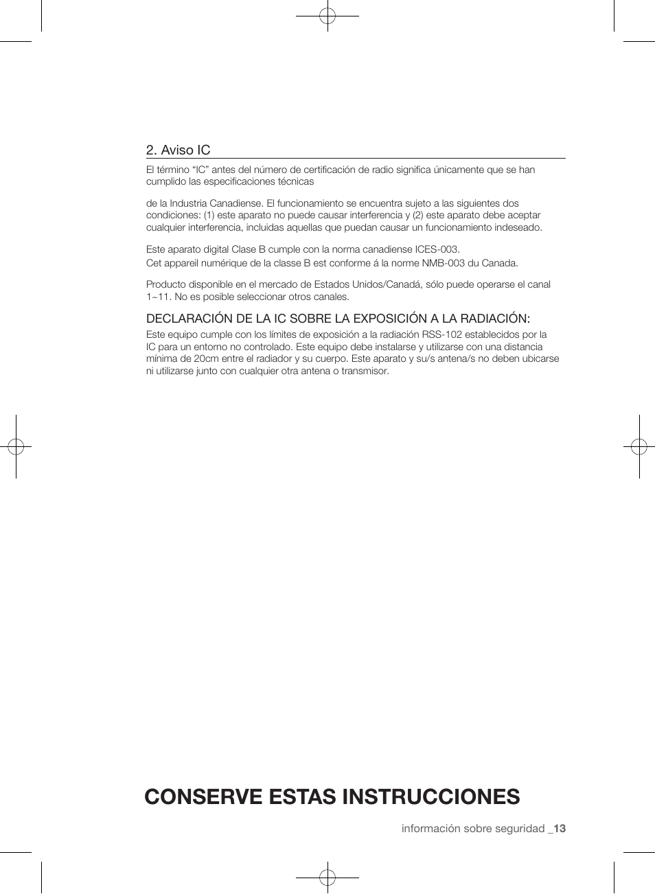 Conserve estas instrucciones, Aviso ic | Samsung WF455ARGSGR-AA User Manual | Page 197 / 276