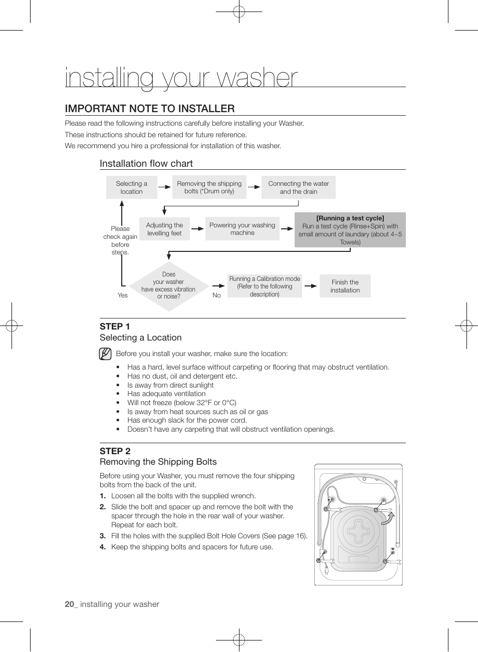 Installing your washer, Installation flow chart | Samsung WF455ARGSGR-AA User Manual | Page 20 / 276