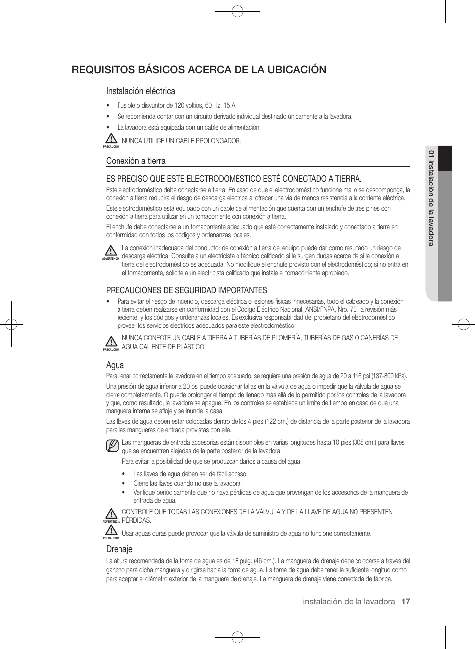 Requisitos básicos acerca de la ubicación, Instalación eléctrica, Conexión a tierra | Agua, Drenaje | Samsung WF455ARGSGR-AA User Manual | Page 201 / 276