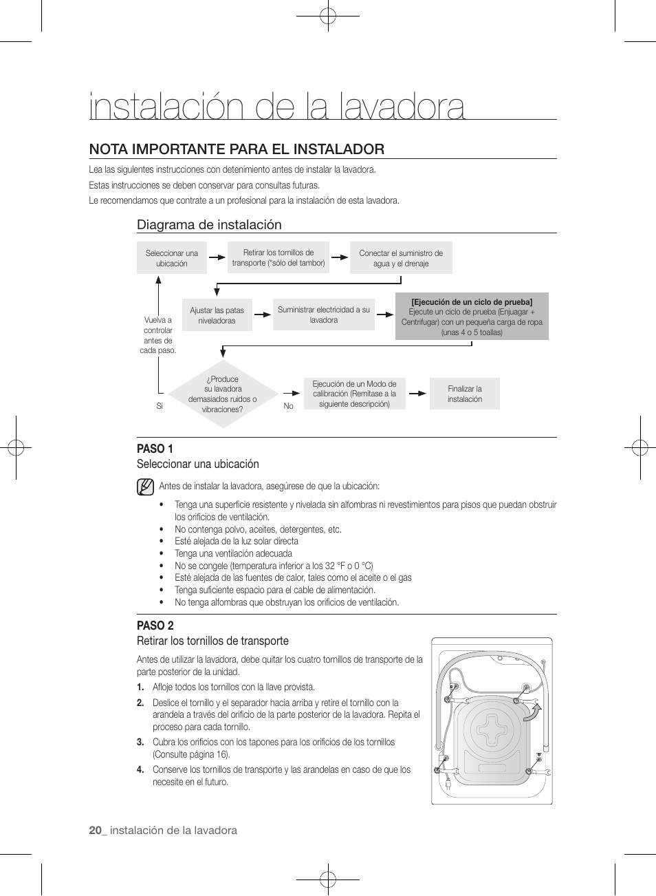 Instalación de la lavadora, Nota importante para el instalador, Diagrama de instalación | Samsung WF455ARGSGR-AA User Manual | Page 204 / 276