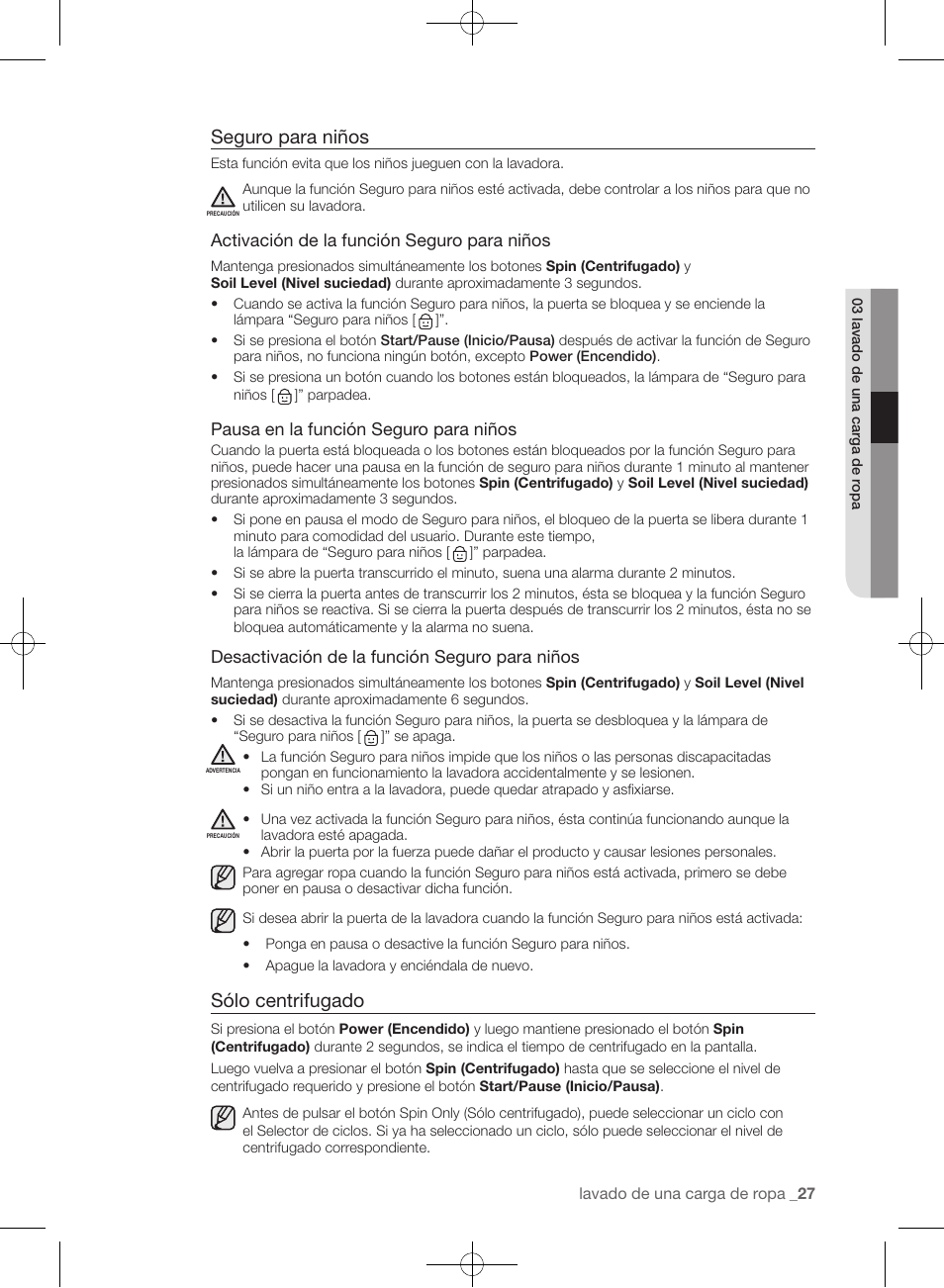 Seguro para niños, Sólo centrifugado | Samsung WF455ARGSGR-AA User Manual | Page 211 / 276