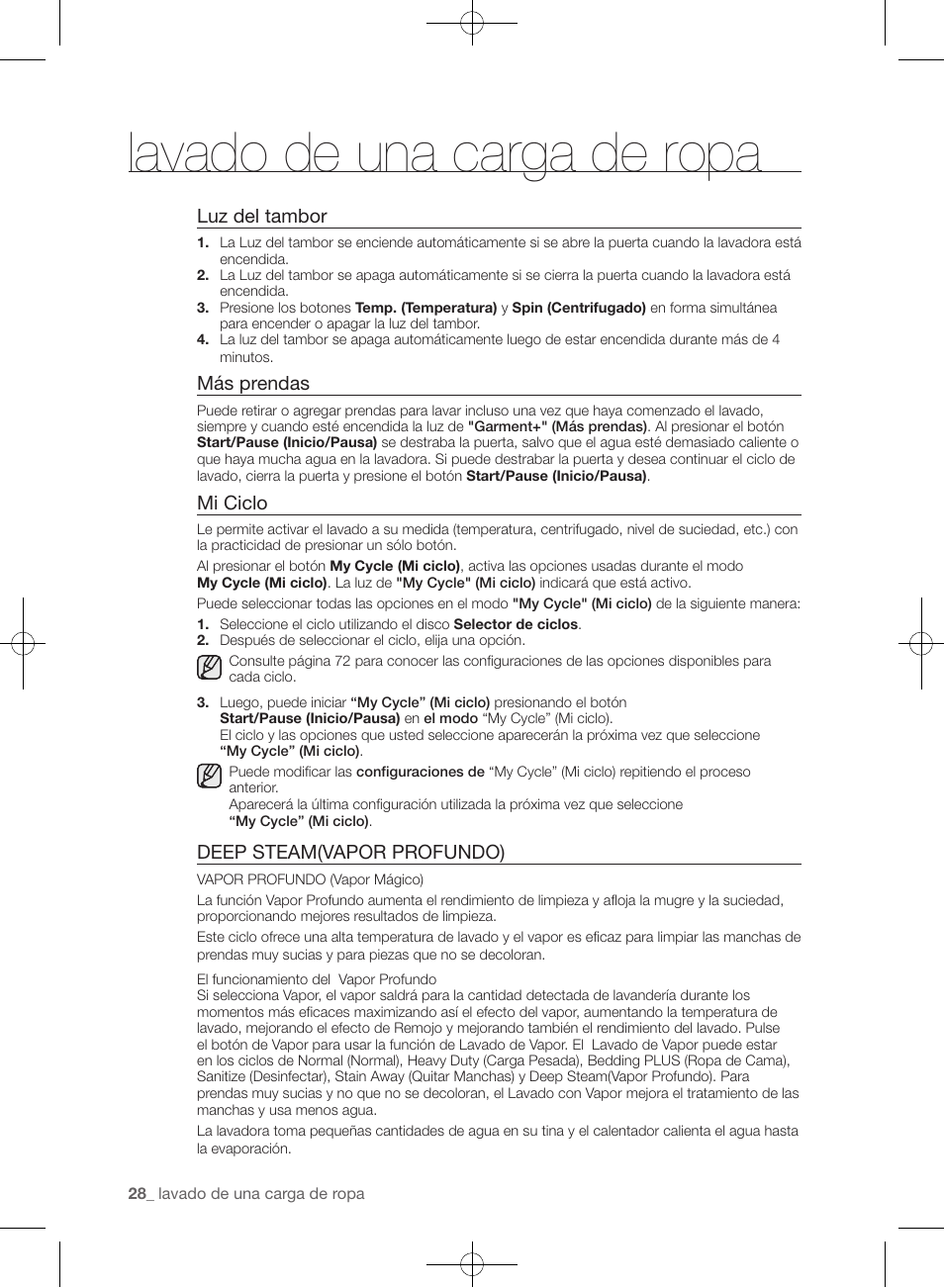 Lavado de una carga de ropa, Luz del tambor, Más prendas | Mi ciclo, Deep steam(vapor profundo) | Samsung WF455ARGSGR-AA User Manual | Page 212 / 276