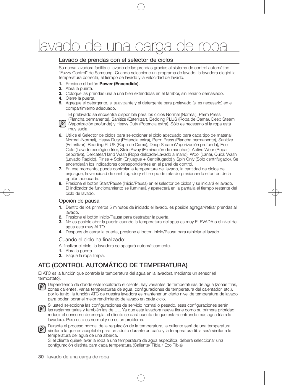 Lavado de una carga de ropa, Atc (control automático de temperatura), Lavado de prendas con el selector de ciclos | Samsung WF455ARGSGR-AA User Manual | Page 214 / 276