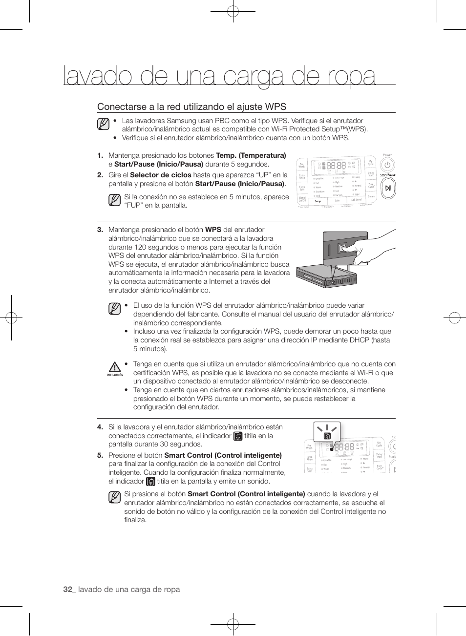 Lavado de una carga de ropa, Conectarse a la red utilizando el ajuste wps | Samsung WF455ARGSGR-AA User Manual | Page 216 / 276