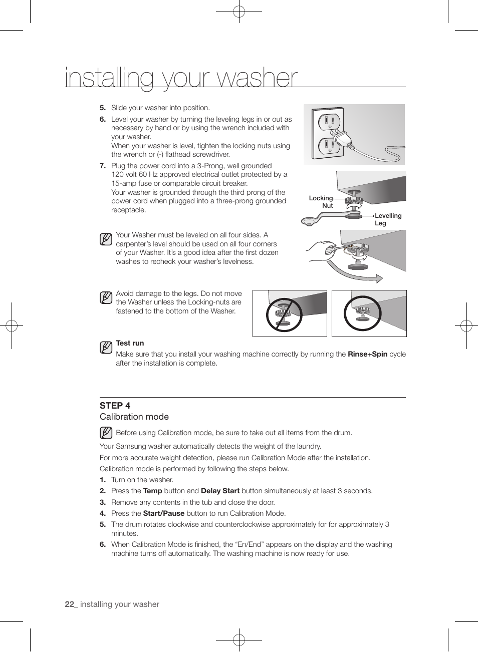 Installing your washer | Samsung WF455ARGSGR-AA User Manual | Page 22 / 276