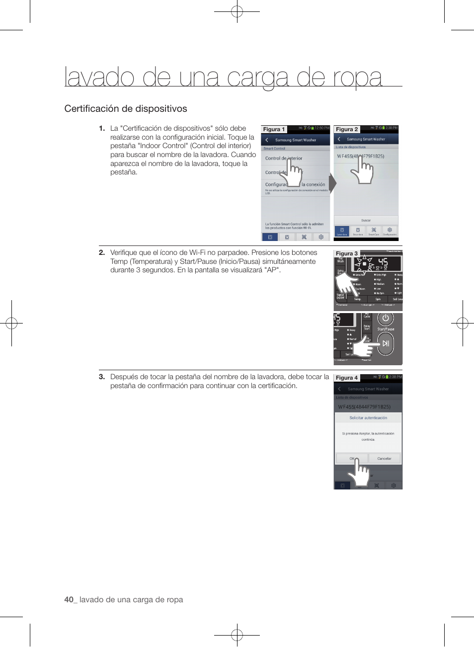 Lavado de una carga de ropa, Certificación de dispositivos | Samsung WF455ARGSGR-AA User Manual | Page 224 / 276