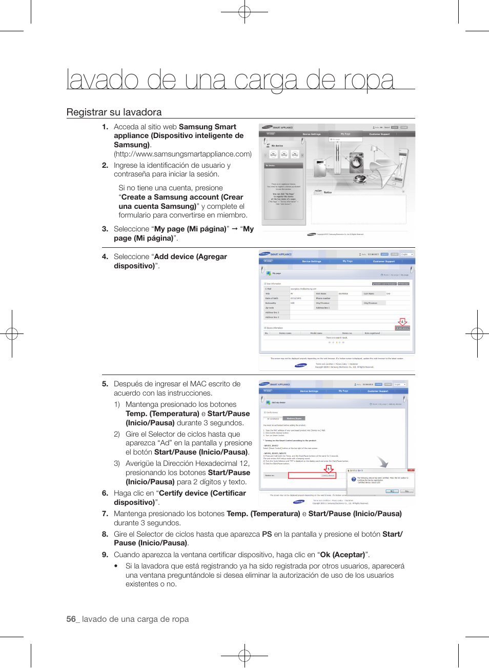 Lavado de una carga de ropa, Registrar su lavadora | Samsung WF455ARGSGR-AA User Manual | Page 240 / 276