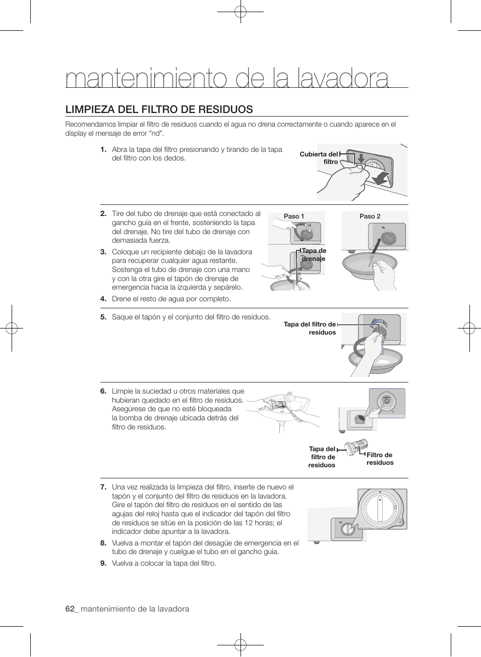 Mantenimiento de la lavadora, Limpieza del filtro de residuos | Samsung WF455ARGSGR-AA User Manual | Page 246 / 276