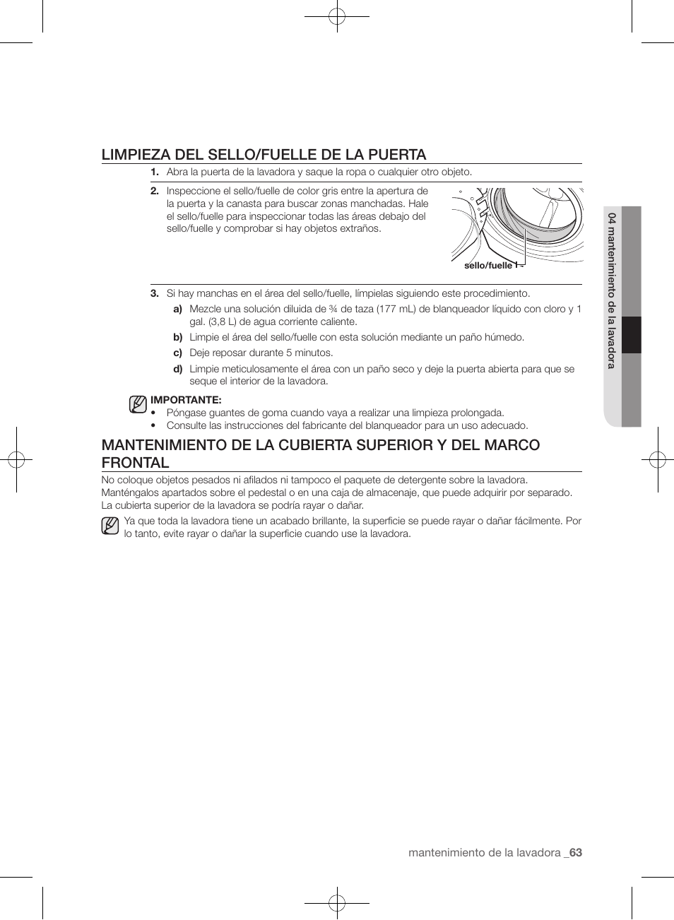 Limpieza del sello/fuelle de la puerta | Samsung WF455ARGSGR-AA User Manual | Page 247 / 276