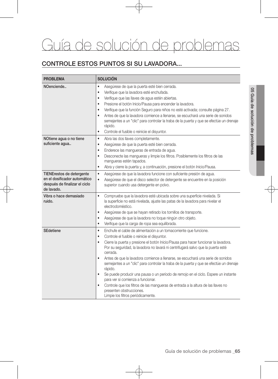 Guía de solución de problemas, Controle estos puntos si su lavadora | Samsung WF455ARGSGR-AA User Manual | Page 249 / 276