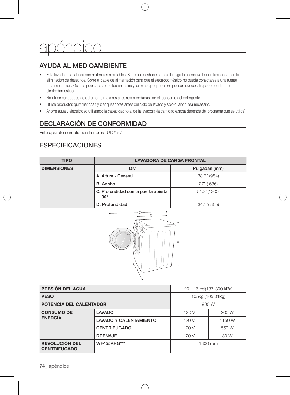 Apéndice, Ayuda al medioambiente, Declaración de conformidad | Especificaciones | Samsung WF455ARGSGR-AA User Manual | Page 258 / 276