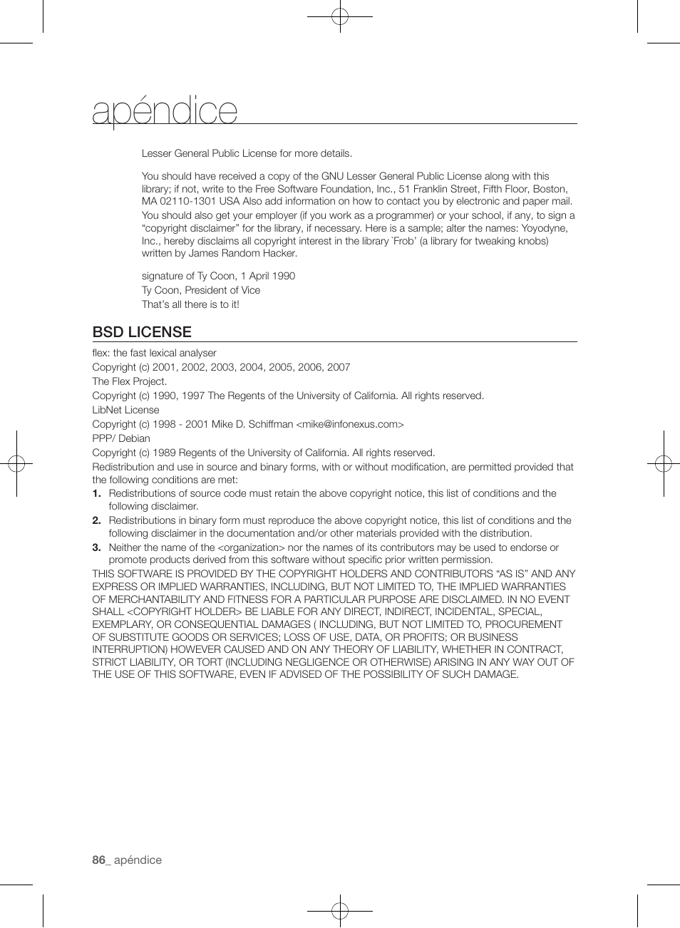 Apéndice, Bsd license | Samsung WF455ARGSGR-AA User Manual | Page 270 / 276