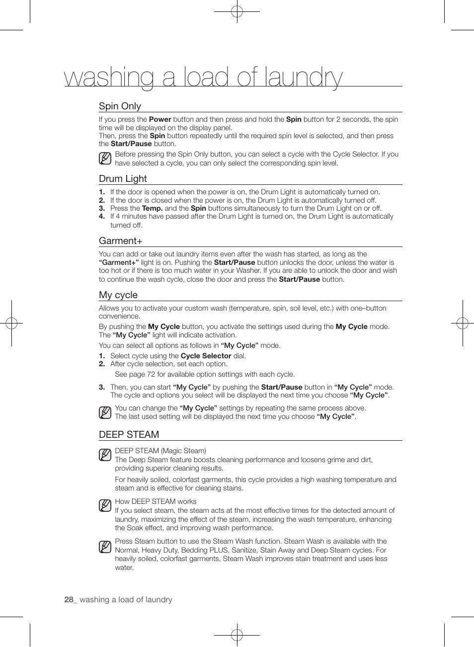 Washing a load of laundry, Spin only, Drum light | Garment, My cycle, Deep steam | Samsung WF455ARGSGR-AA User Manual | Page 28 / 276