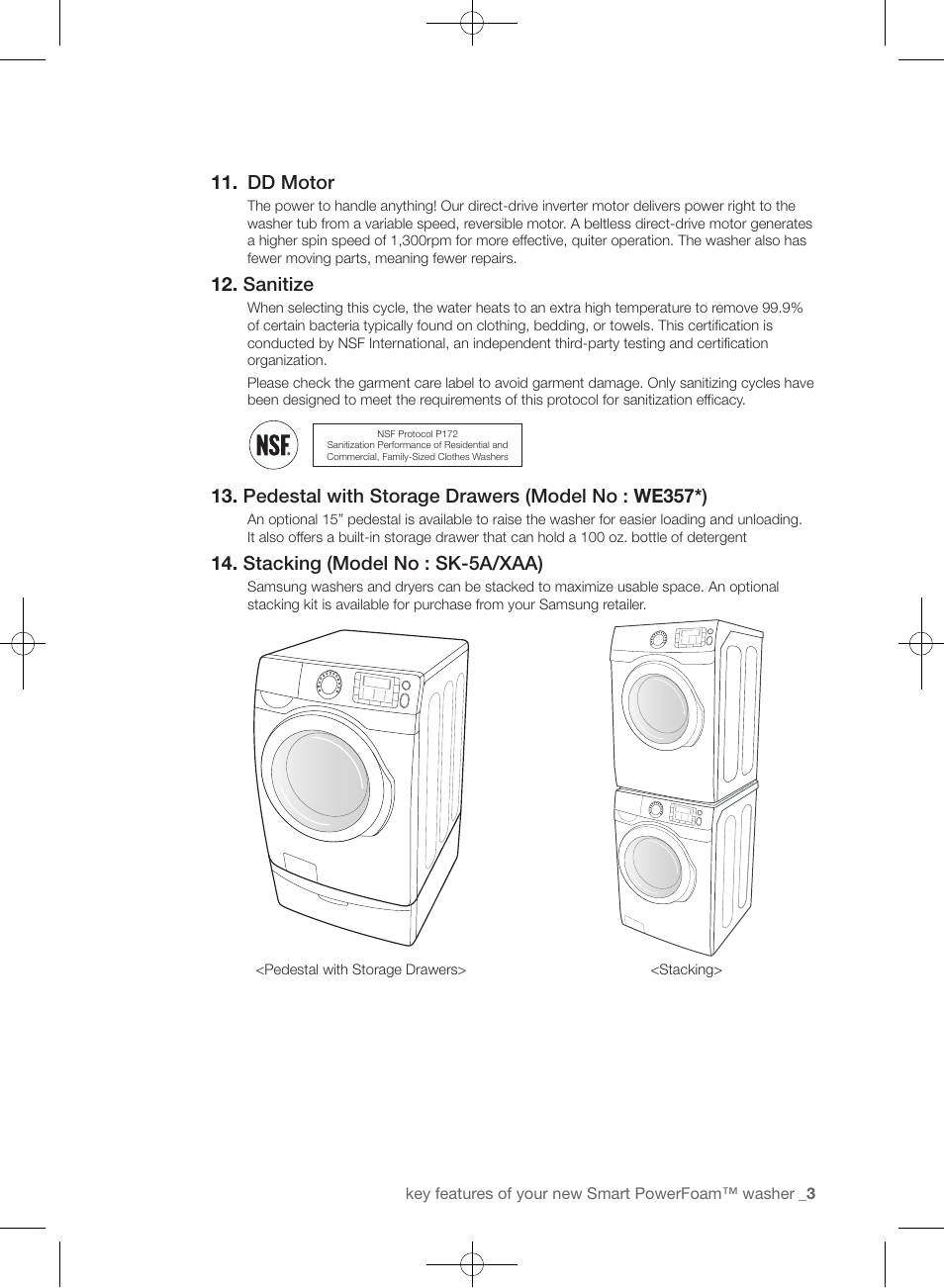 Dd motor, Sanitize, Pedestal with storage drawers (model no : we357* ) | Stacking (model no : sk-5a/xaa) | Samsung WF455ARGSGR-AA User Manual | Page 3 / 276