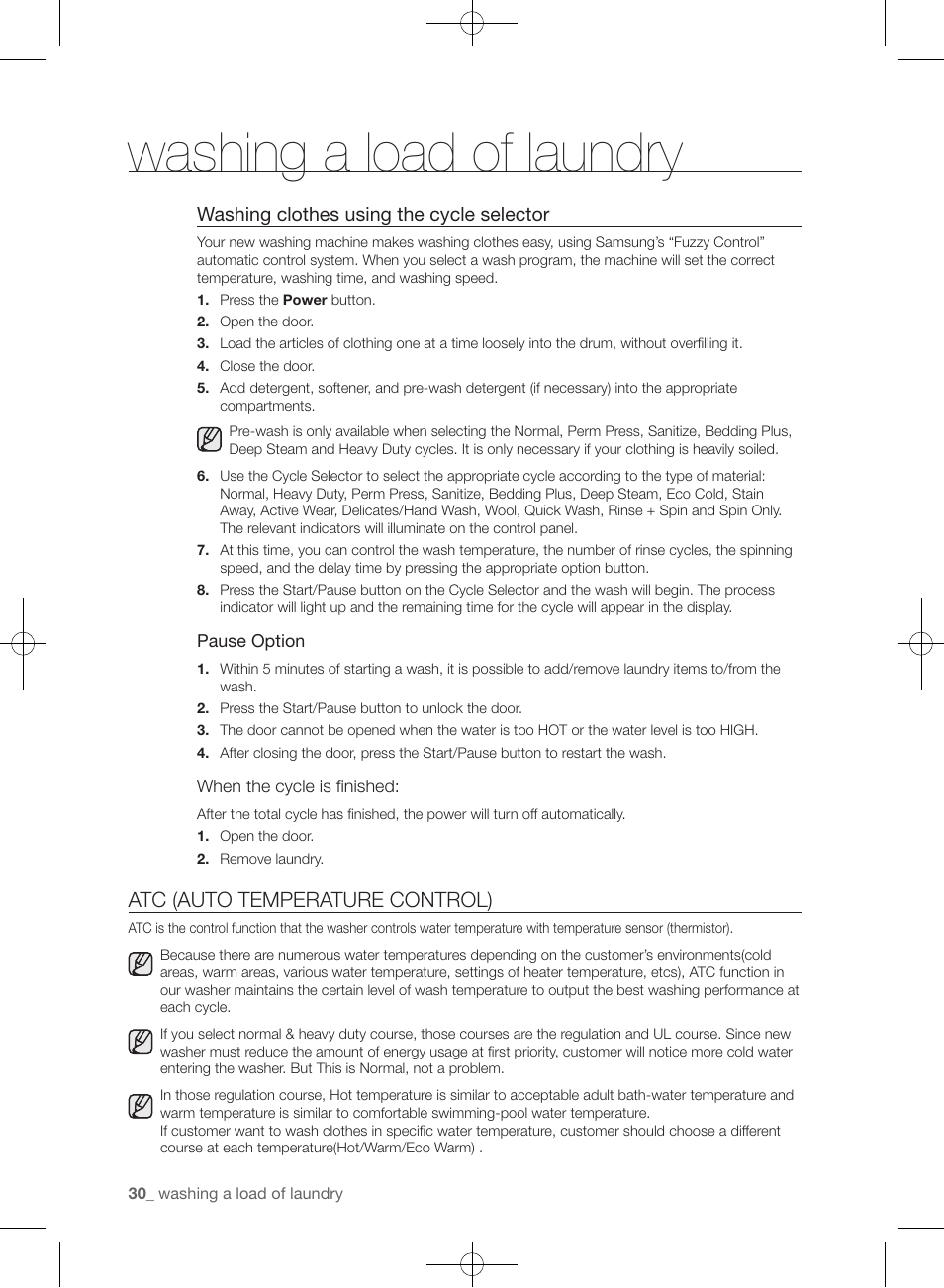 Washing a load of laundry, Atc (auto temperature control) | Samsung WF455ARGSGR-AA User Manual | Page 30 / 276