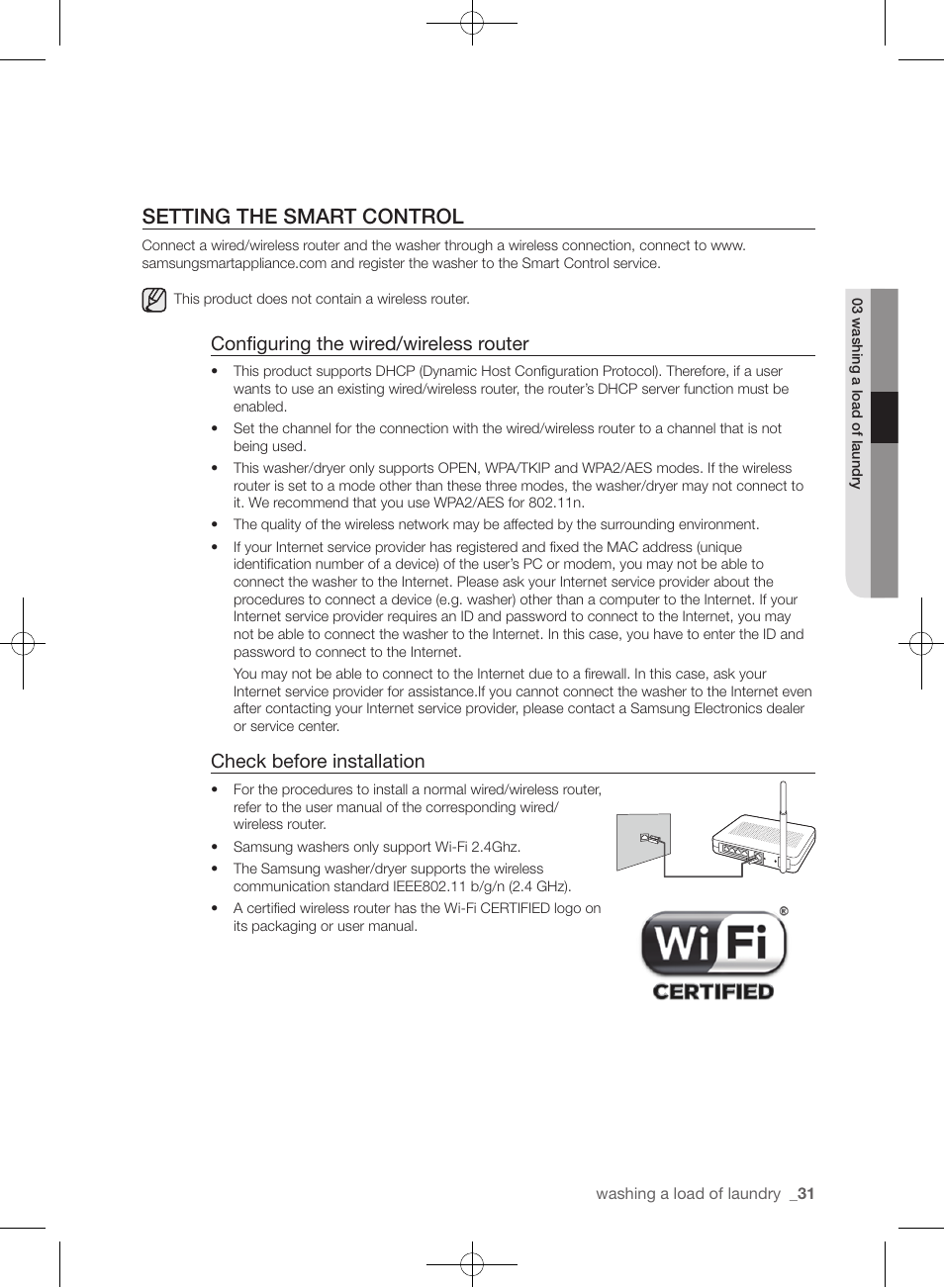 Setting the smart control, Configuring the wired/wireless router, Check before installation | Samsung WF455ARGSGR-AA User Manual | Page 31 / 276