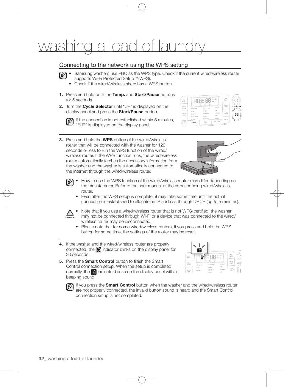 Washing a load of laundry, Connecting to the network using the wps setting | Samsung WF455ARGSGR-AA User Manual | Page 32 / 276