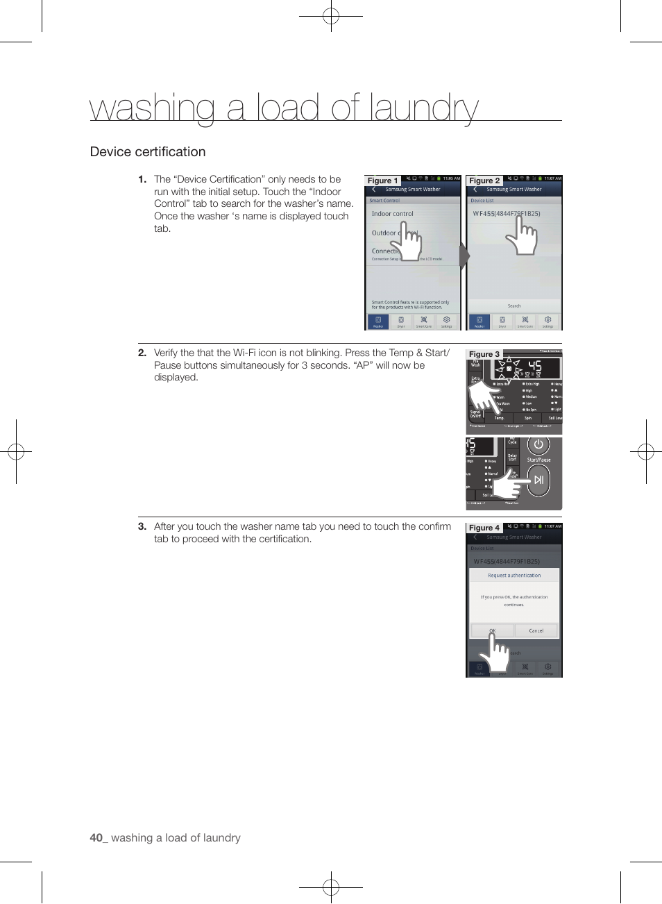 Washing a load of laundry, Device certification | Samsung WF455ARGSGR-AA User Manual | Page 40 / 276