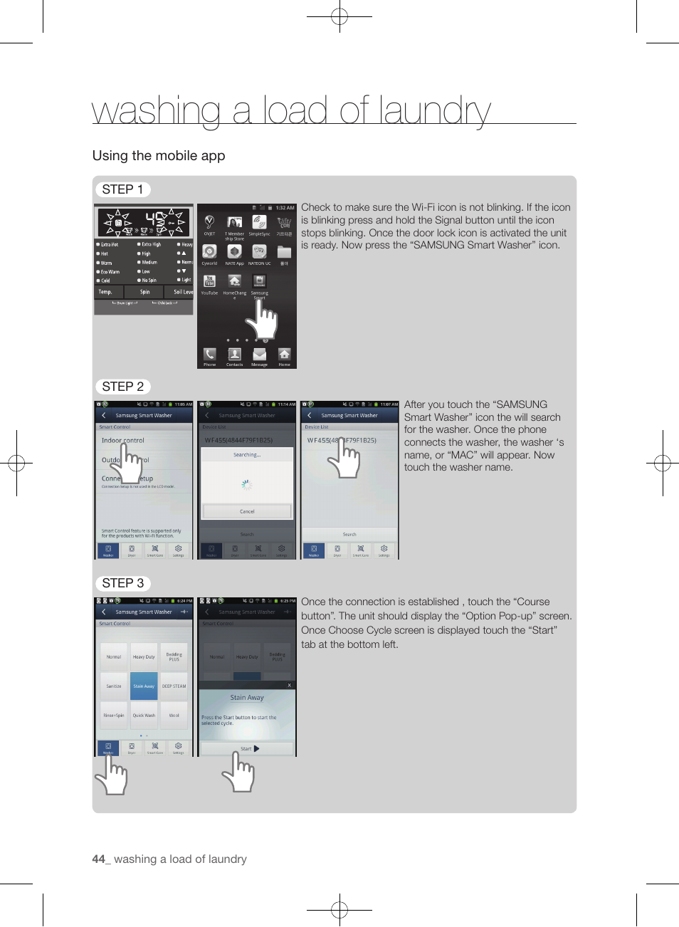 Washing a load of laundry | Samsung WF455ARGSGR-AA User Manual | Page 44 / 276