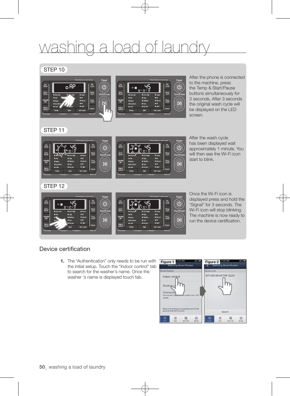 Washing a load of laundry, Device certification | Samsung WF455ARGSGR-AA User Manual | Page 50 / 276