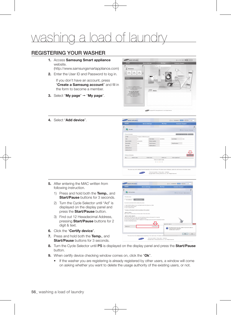 Washing a load of laundry, Registering your washer | Samsung WF455ARGSGR-AA User Manual | Page 56 / 276