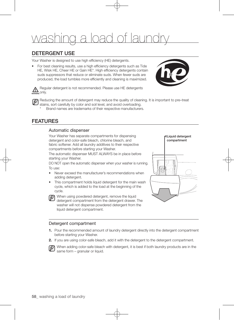 Washing a load of laundry, Detergent use, Features | Samsung WF455ARGSGR-AA User Manual | Page 58 / 276