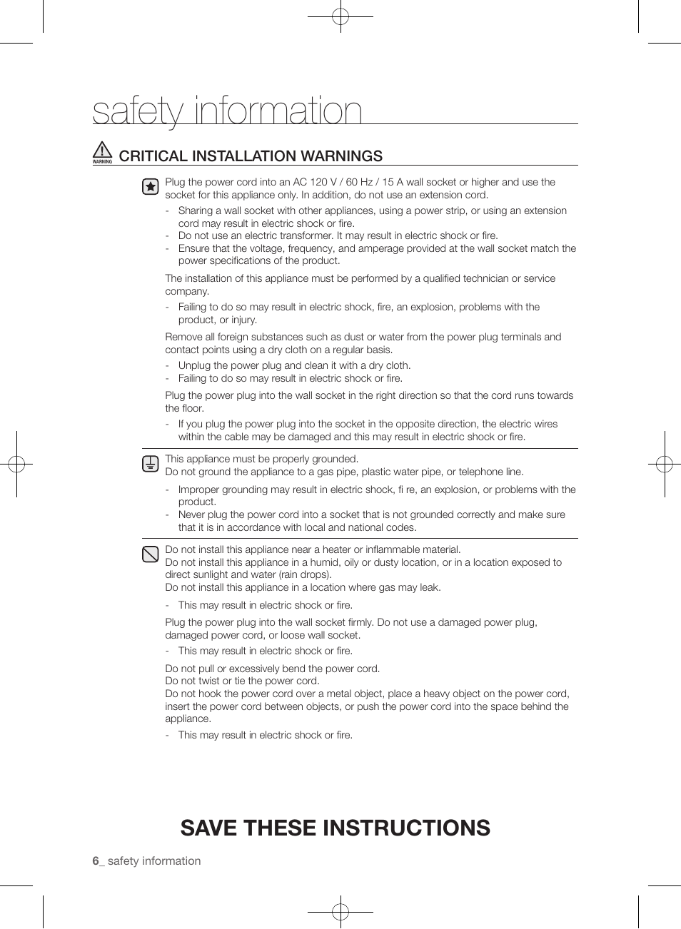 Safety information, Save these instructions, Critical installation warnings | Samsung WF455ARGSGR-AA User Manual | Page 6 / 276