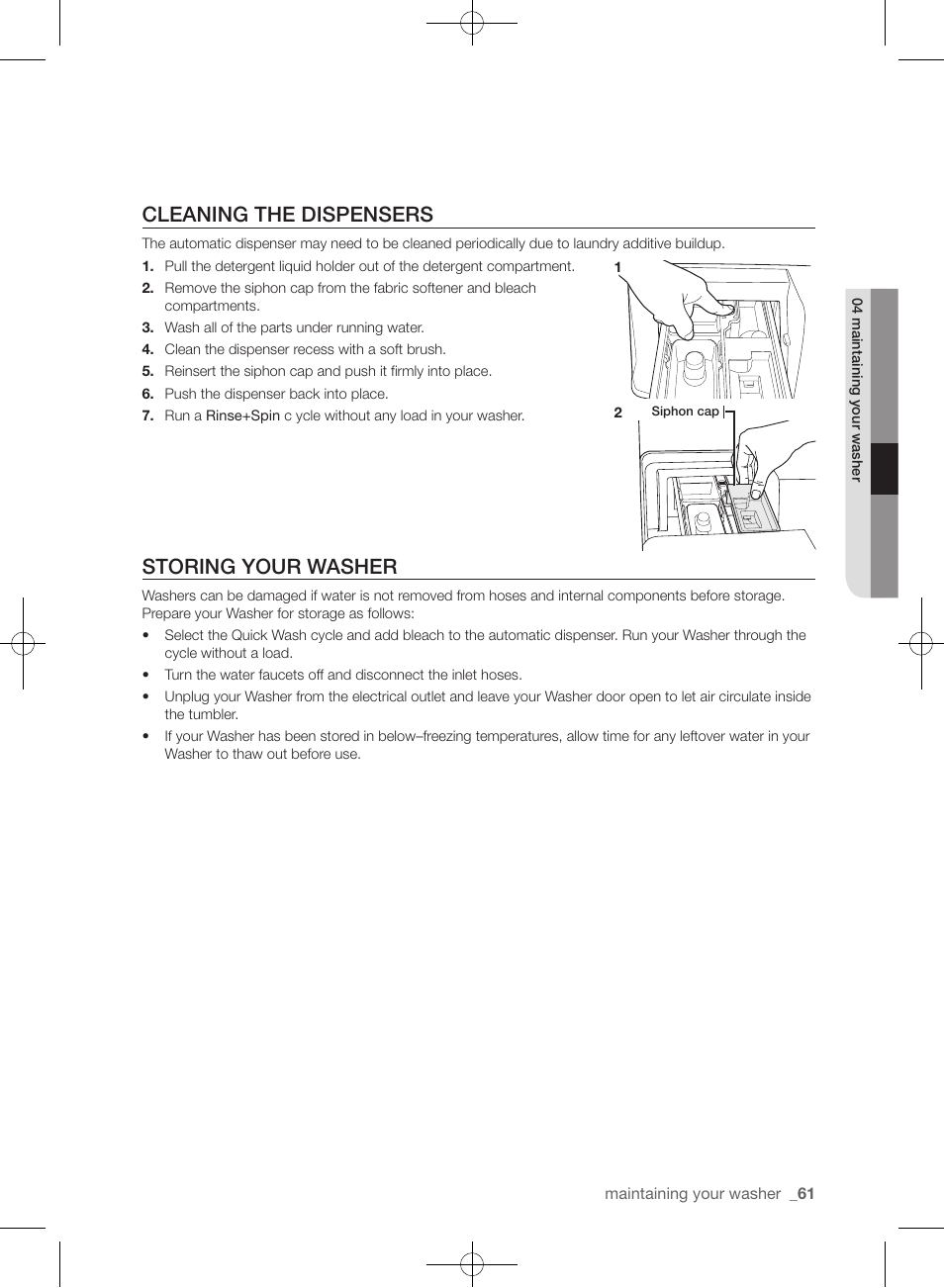 Cleaning the dispensers, Storing your washer | Samsung WF455ARGSGR-AA User Manual | Page 61 / 276