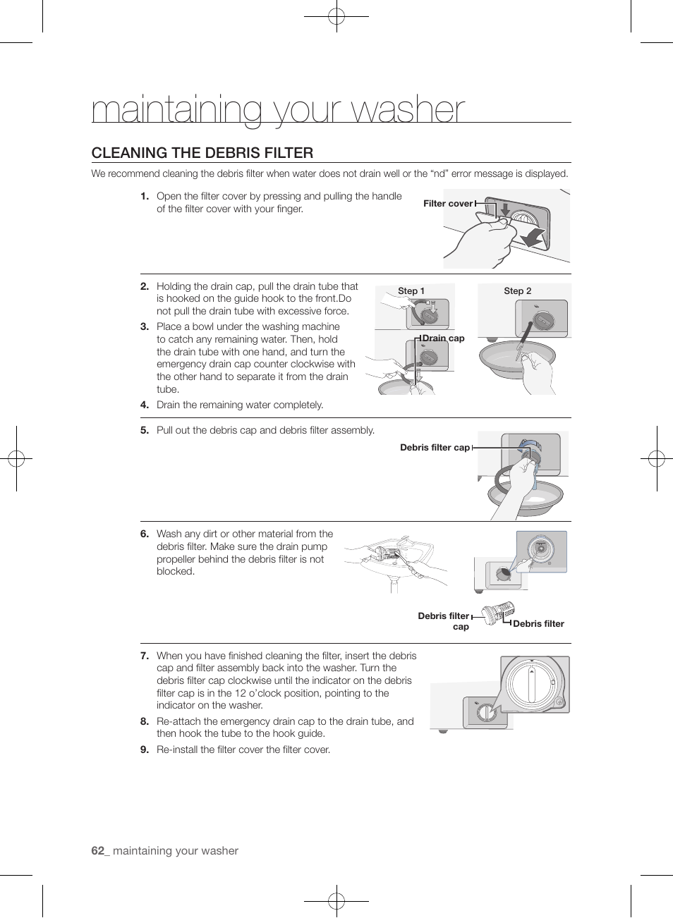 Maintaining your washer, Cleaning the debris filter | Samsung WF455ARGSGR-AA User Manual | Page 62 / 276