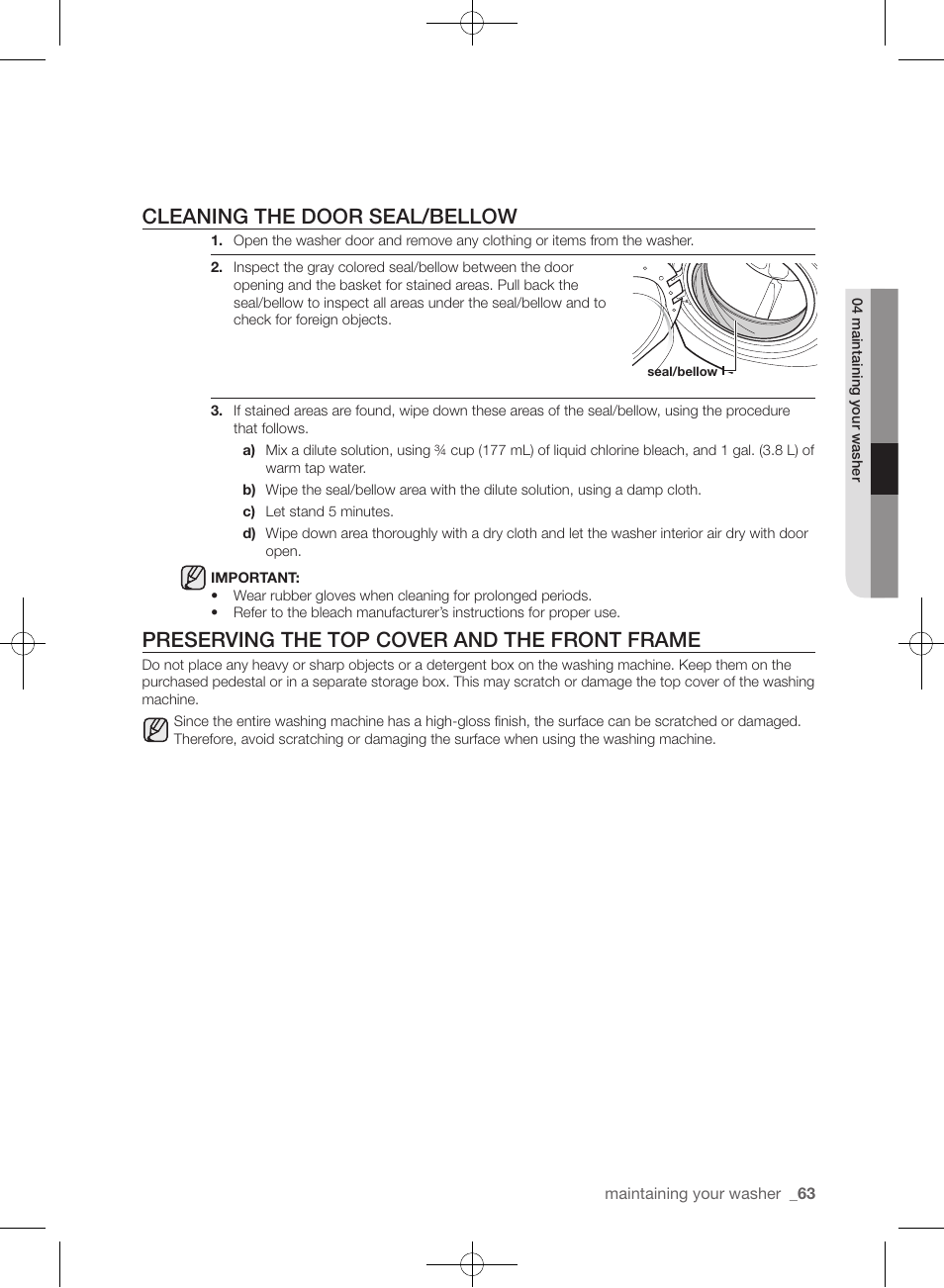 Cleaning the door seal/bellow, Preserving the top cover and the front frame | Samsung WF455ARGSGR-AA User Manual | Page 63 / 276