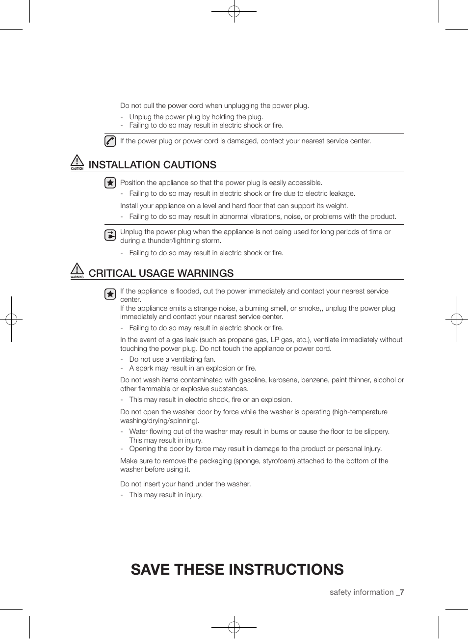 Save these instructions, Installation cautions, Critical usage warnings | Samsung WF455ARGSGR-AA User Manual | Page 7 / 276